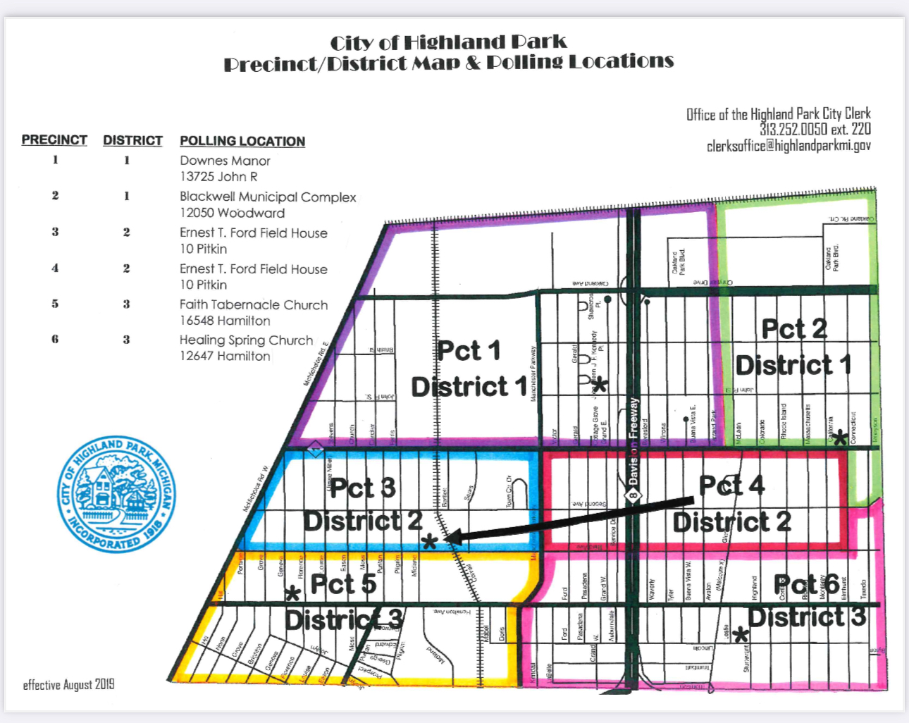 City of Highland Park precinct, district map and polling locations (effective August 2019)